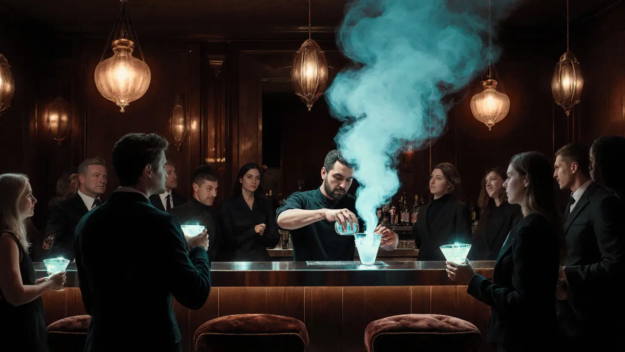 Barkeeper mixt mit flüssigem Stickstoff, rauchender Cocktail in stilvoller Bar.