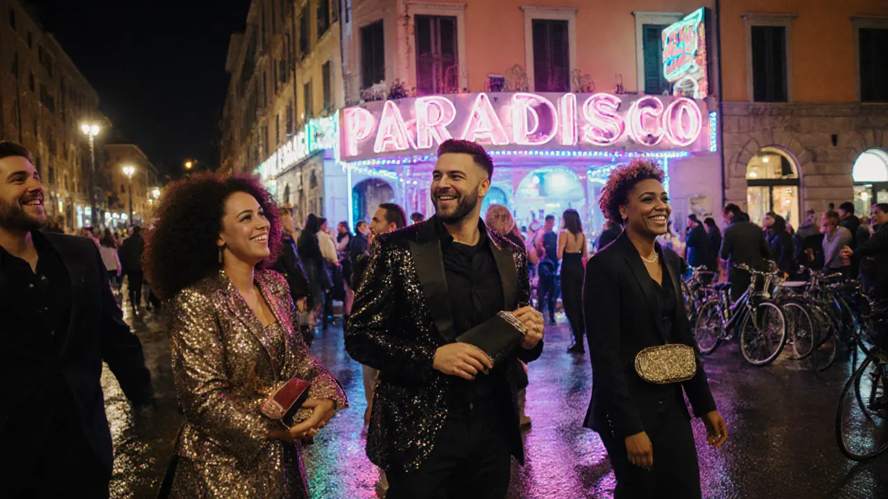 Bunte Menge in Porta Venezia vor einem Club, vielfältig, lebendig, mit Neonbeleuchtung.