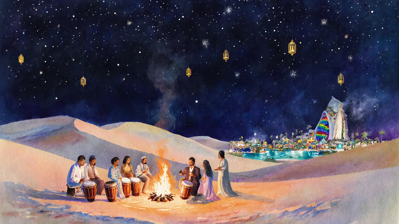 Desert‑Safari‑Nachtparty unter Sternenhimmel mit Lagerfeuer und beleuchtetem Wasserpark.