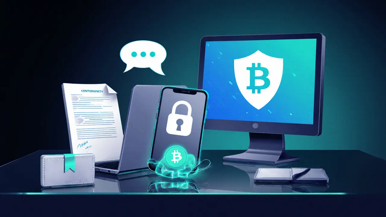 Digitale Szene zeigt verschlüsselte Kommunikation, VPN und Krypto‑Zahlung.