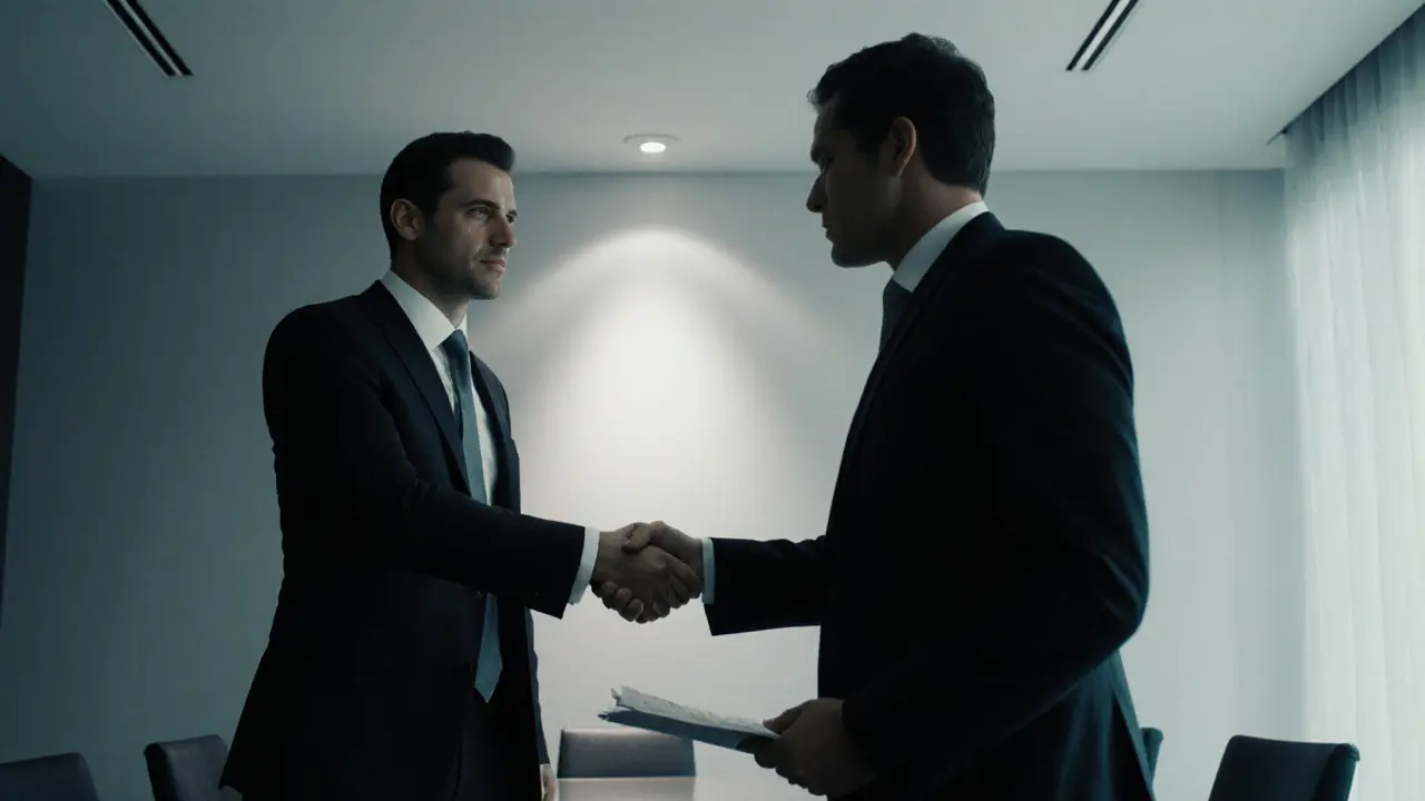 Diskrete Business‑Begleitung in modernem Büro, Handreichung ohne sichtbare Texte.