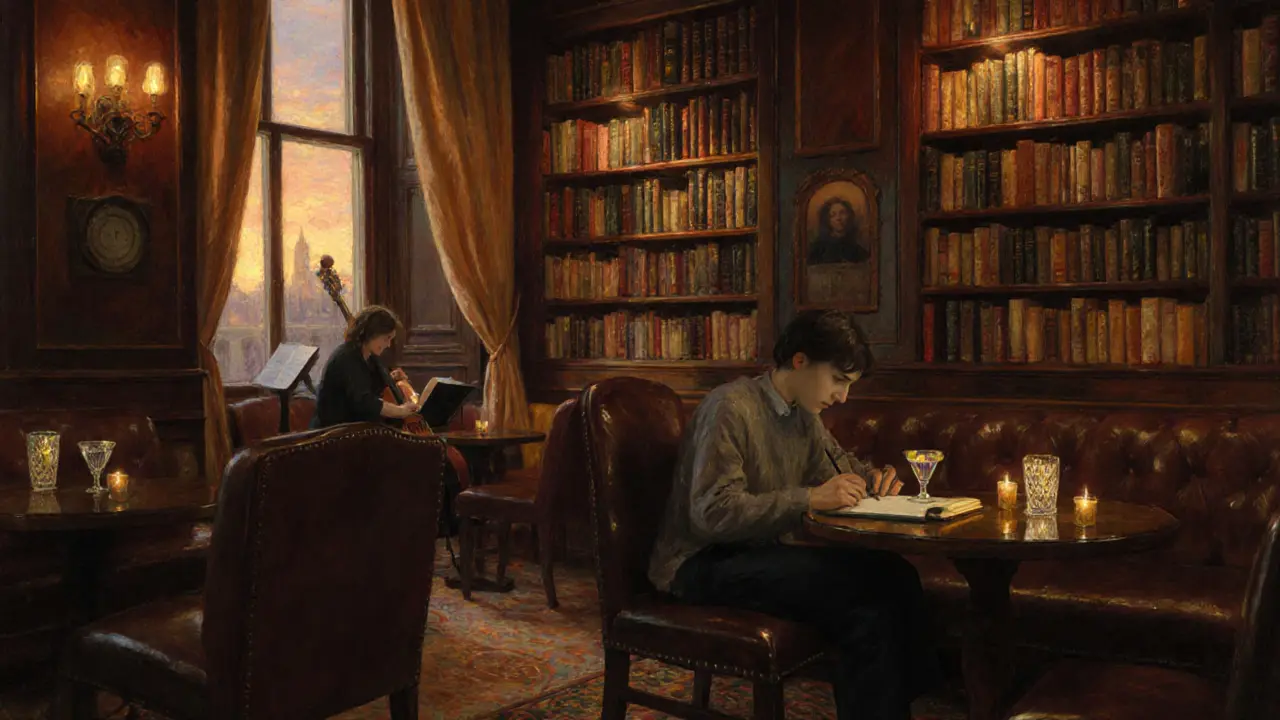 Eine bibliotheksähnliche Bar mit Ledersesseln, Kerzenlicht und einem Cellisten in Soho, London.