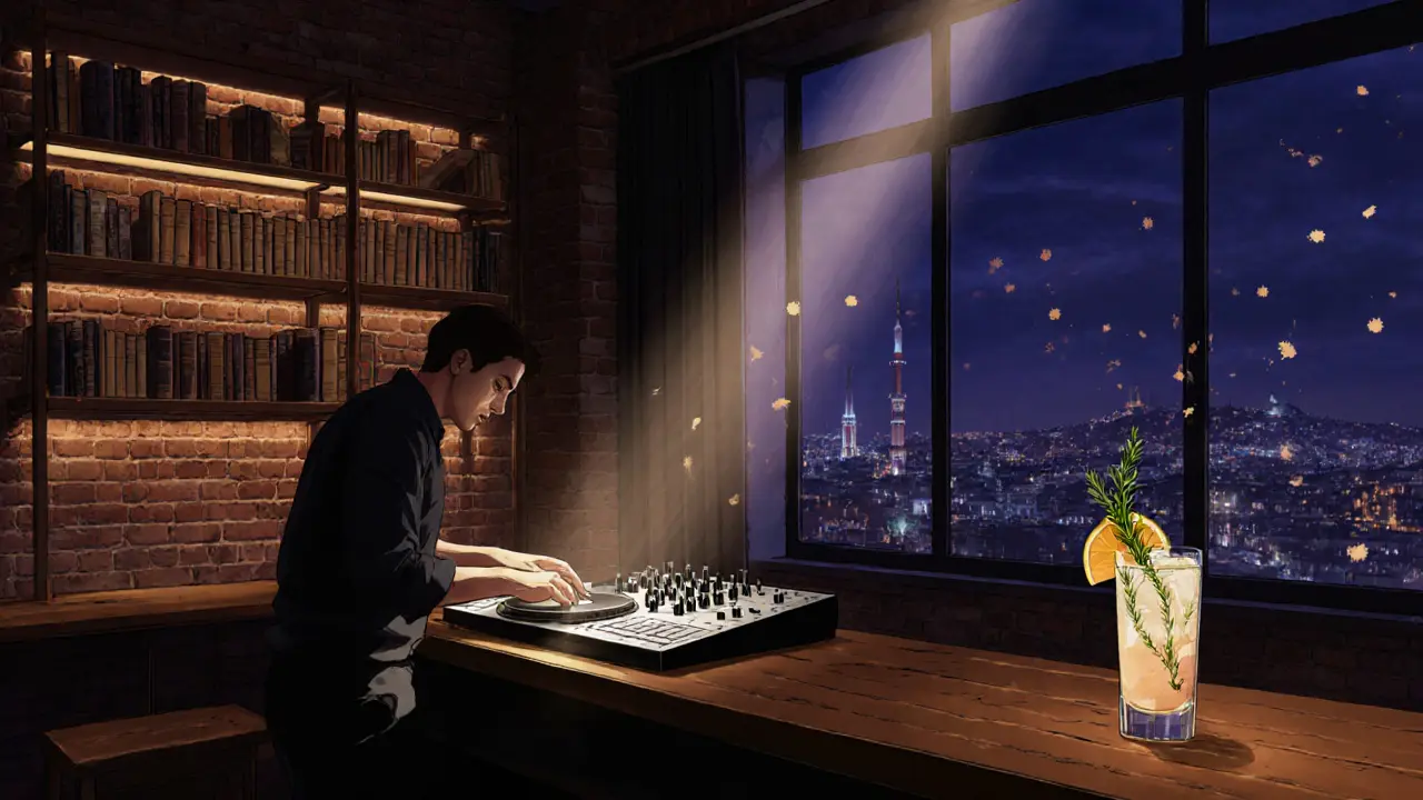 Elbette Lounge in Karaköy: DJ mit Modular-Synthesizer, Kräuter-Cocktails und antike Bücher an den Wänden.