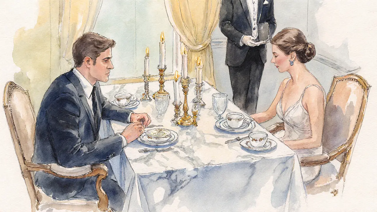 Elegant gedeckter Tisch zu zweit in einem gehobenen Restaurant, Kerzenlicht und dezente Begleitung.