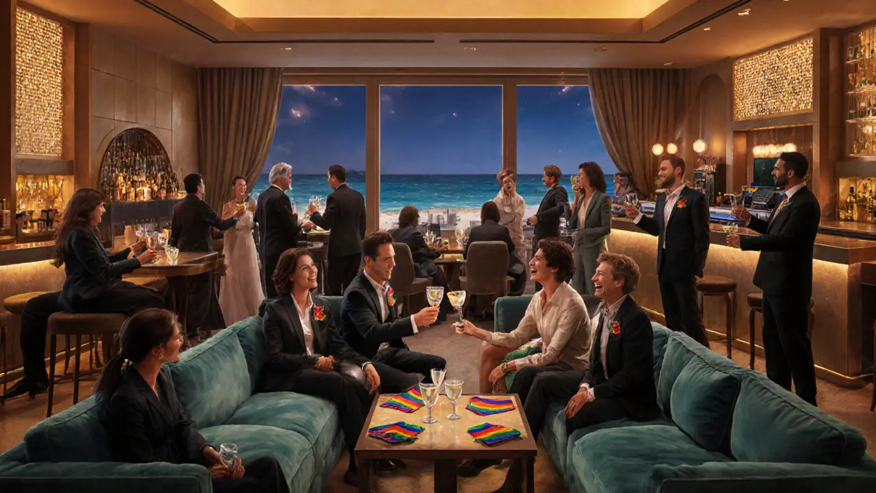 Elegante Lounge Al Qasr mit internationalen Gästen, Cocktails und Regenbogen‑Details.