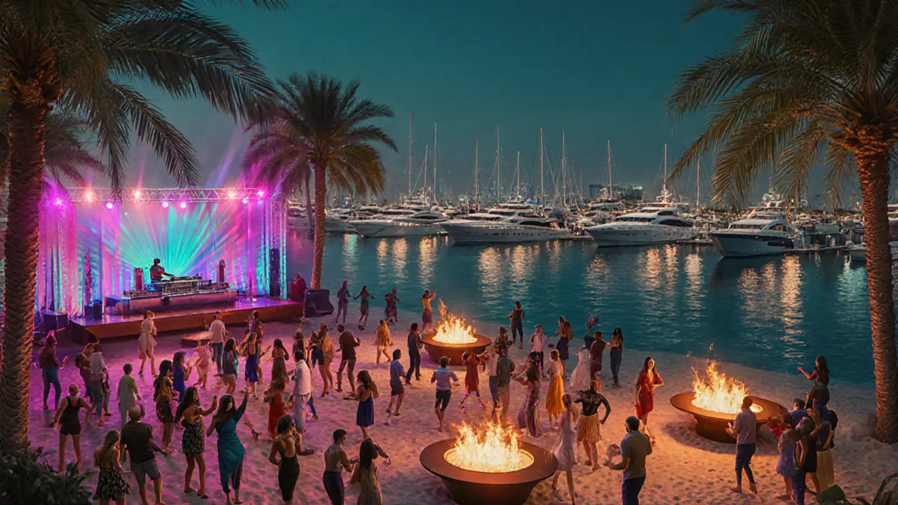 Feiernde Menschen tanzen am Yas Marina Beach Club neben dem beleuchteten Yachthafen.