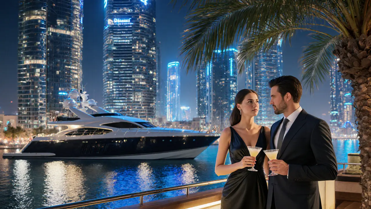 Fotorealistische Nachtaufnahme: Luxus‑Rooftop‑Bar in Dubai Marina mit Begleitung.