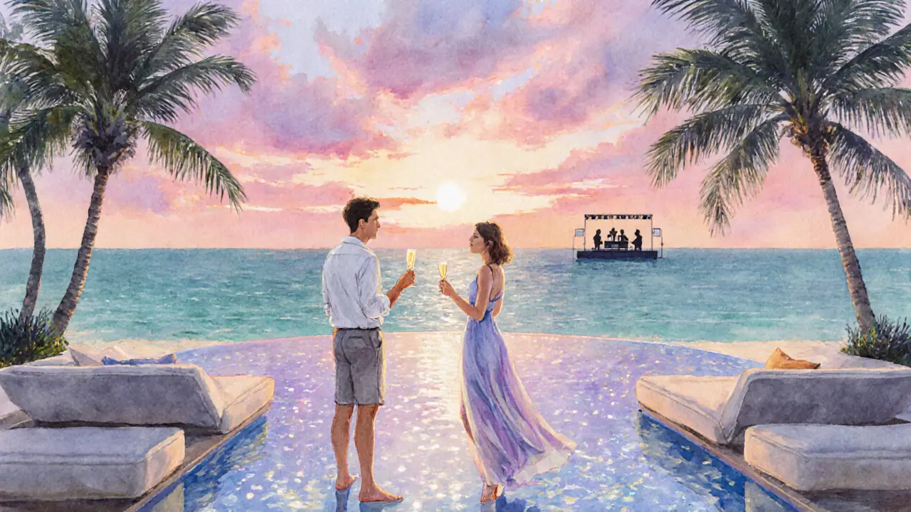 Frühaufgangs‑Beach‑Party bei Zero Gravity, ein Paar in sommerlicher Kleidung am Pool.