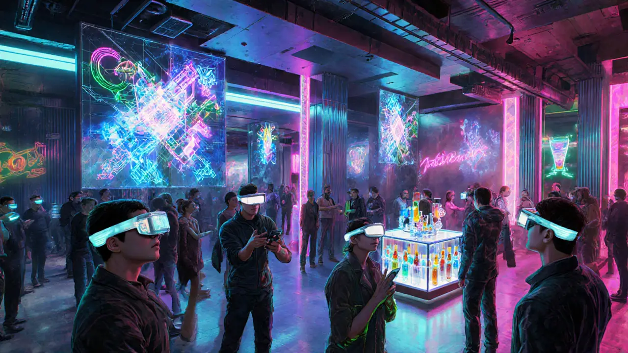 Futuristischer AR‑Club in Dubai mit holografischen Effekten und neonfarbenen Lichtern.