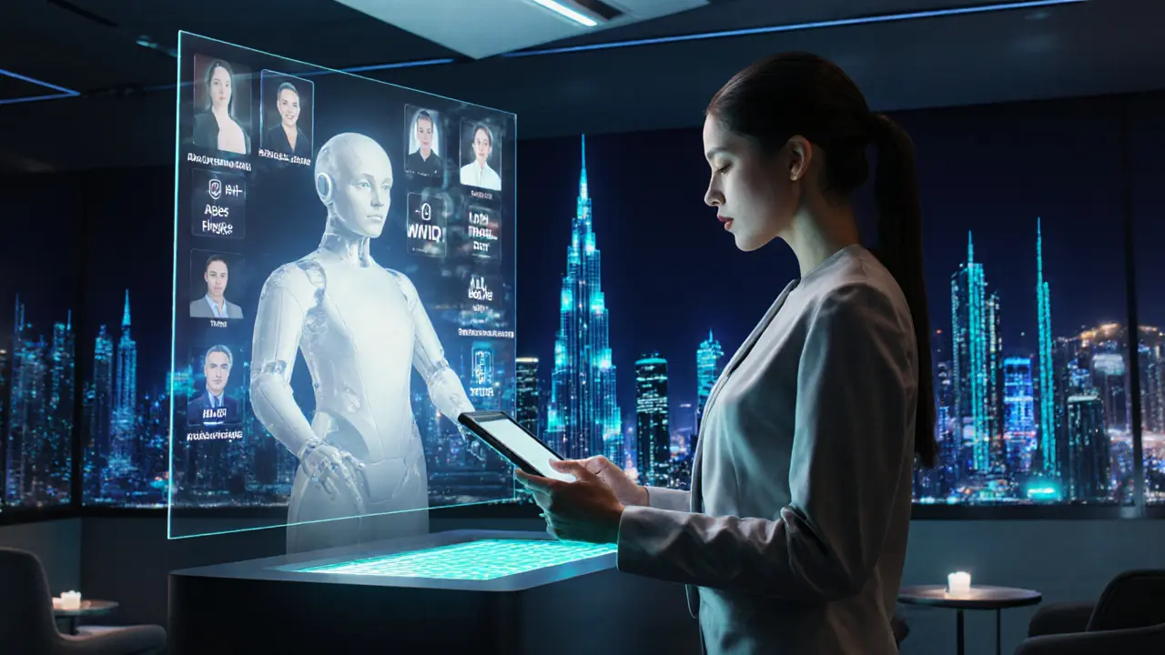 Futuristisches Konzept: KI‑Lobby, Begleitung mit Tablet und digitalem Stadtbild.