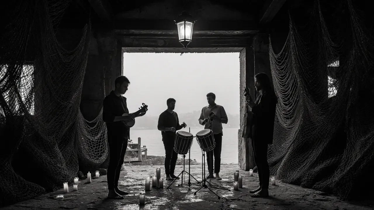 Göç in Üsküdar: Stille, barfuß stehende Besucher, Musiker mit Oud und Darbuka, Kerzen auf dem Boden in einem lichtlosen Lagerhaus.