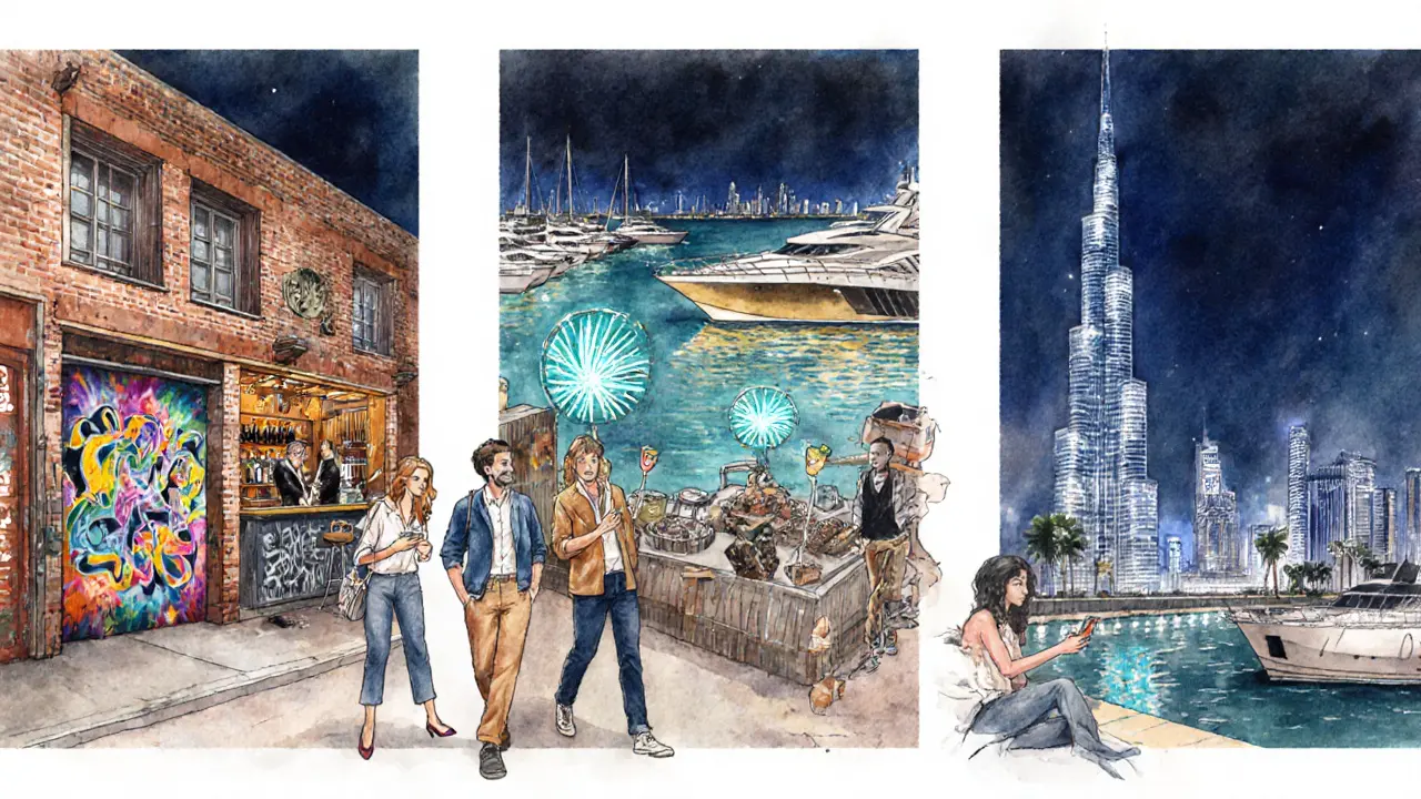 Illustration von Alserkal, Marina und Downtown bei Nacht, Gruppe nutzt Ride‑Sharing.