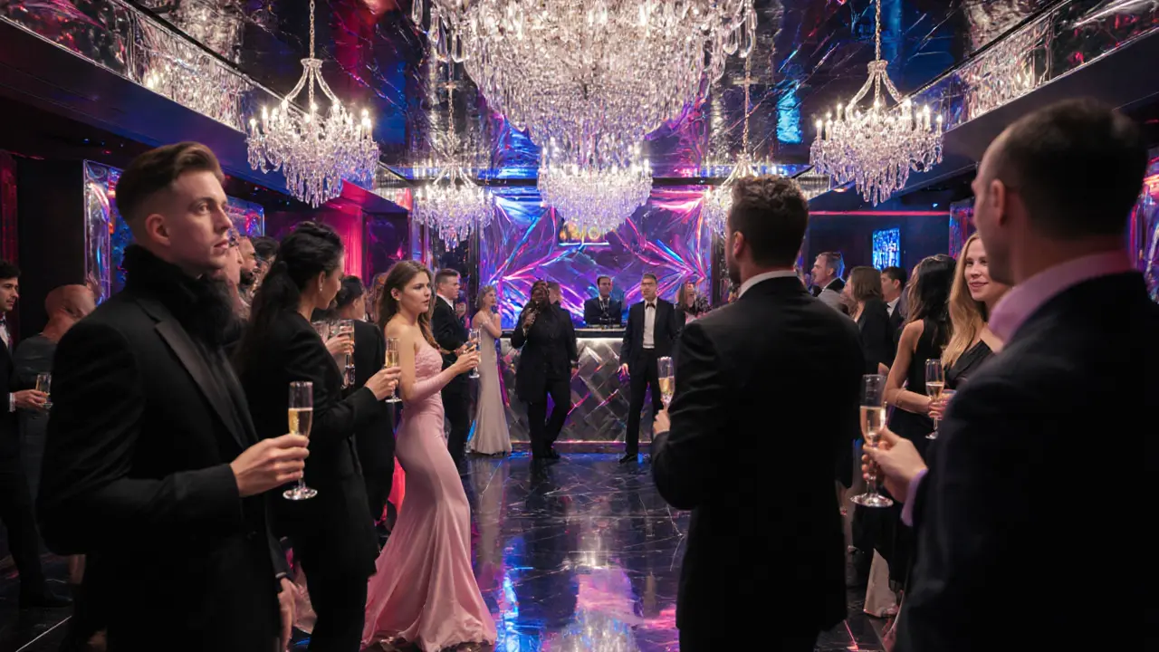 Innenansicht von Jimmy'z mit glitzerndem Chrom, Kristallleuchten und eleganten Gästen.