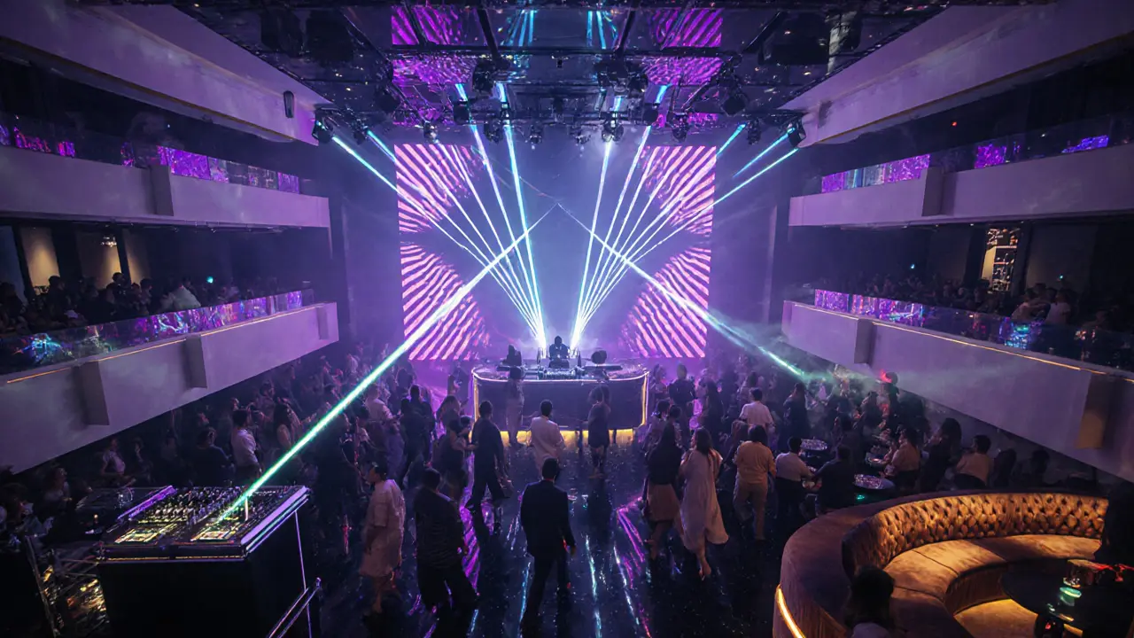 Innenaufnahme von White Dubai mit futuristischen Lichtern, DJ und tanzender Menge.