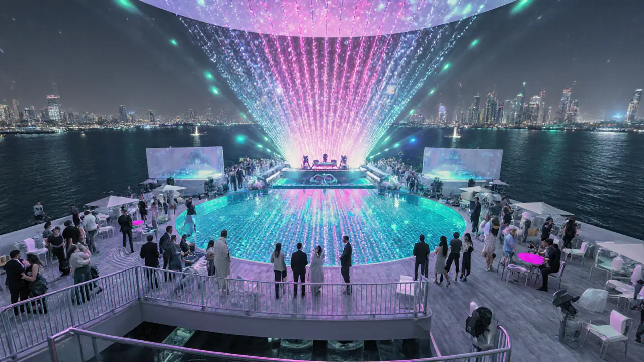 Luxuriöse Innenansicht von White Dubai mit Pool, Lichtshow und eleganten Gästen.