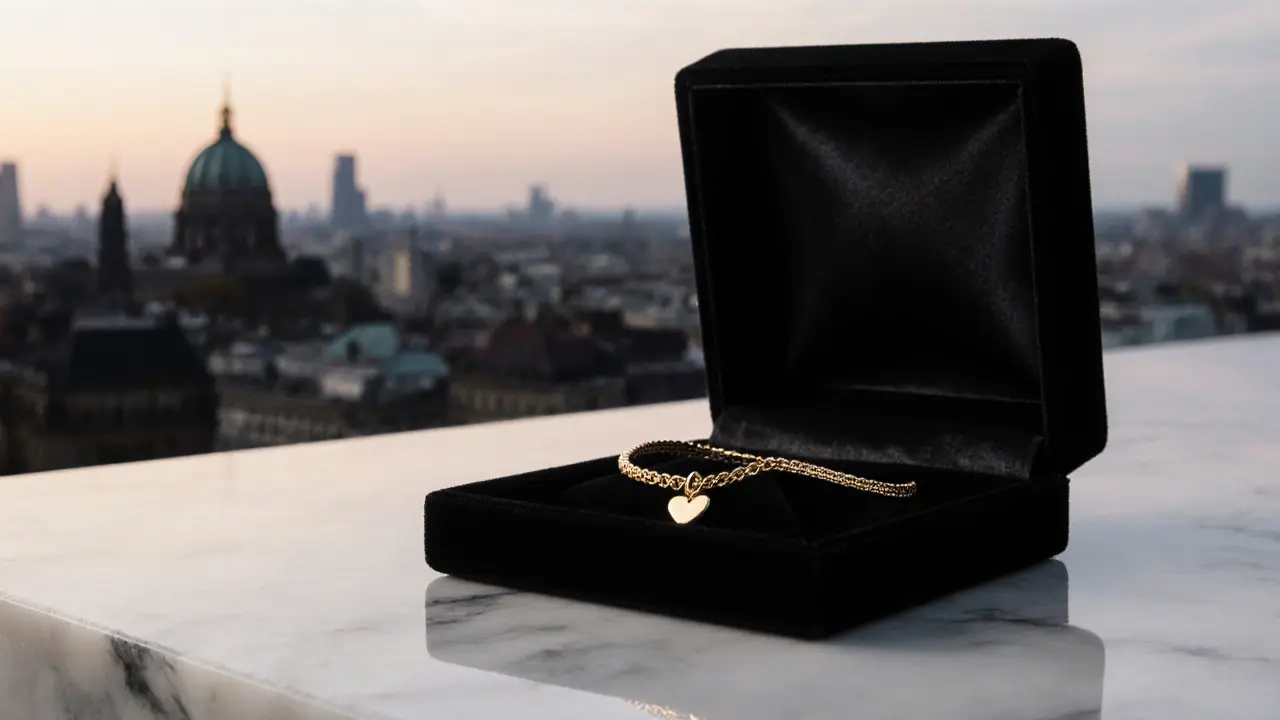 Luxuriöse Nahaufnahme: goldene Armkette in geöffneter schwarzen Samtverpackung.