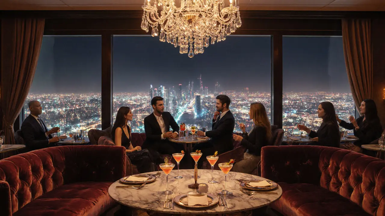 Luxuriöser VIP‑Loungebereich der Billionaire Mansion mit Cocktails und Stadtblick.
