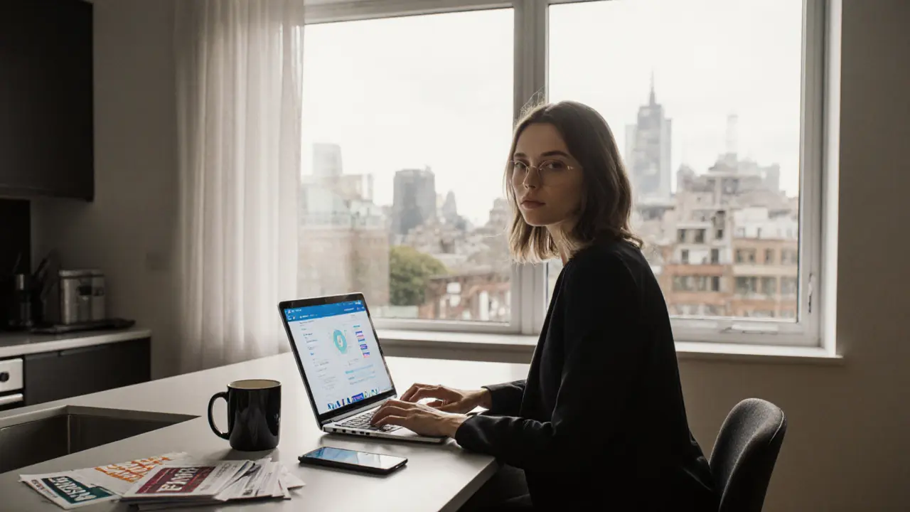 Moderne Auftragnehmerin arbeitet am Laptop in einer hellen Londoner Wohnung, umgeben von NGO-Infos.