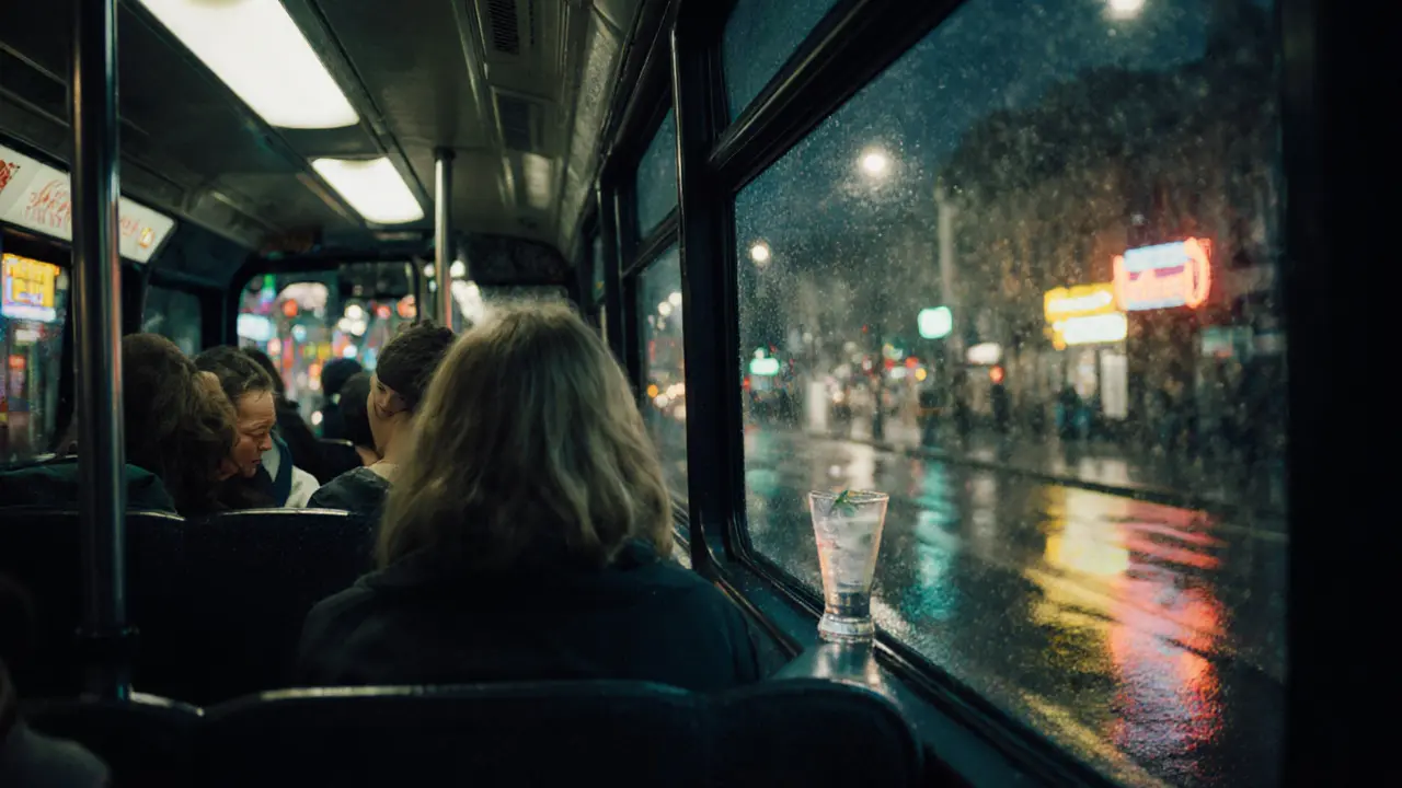 Nachtbus in London mit Passagieren, leere Straßen und regennasse Straßenlaternen.
