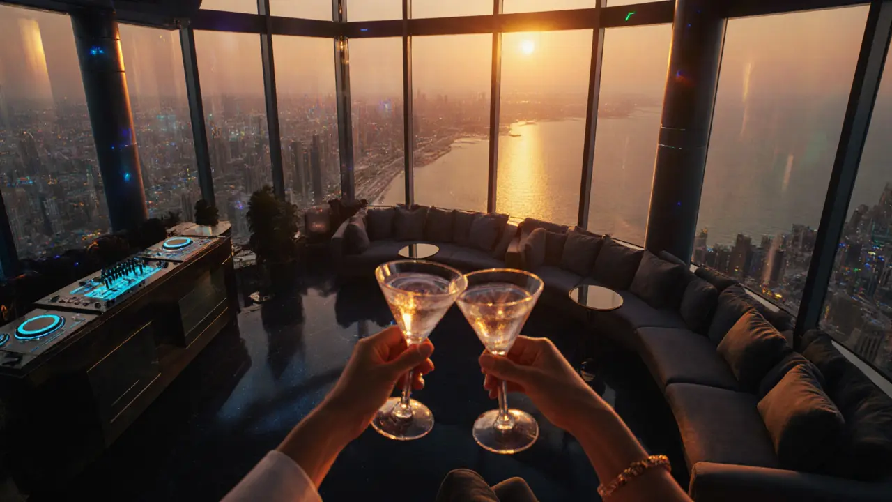 Paar hebt Martini‑Gläser im luxuriösen Etihad Towers Sky Lounge bei Sonnenuntergang.