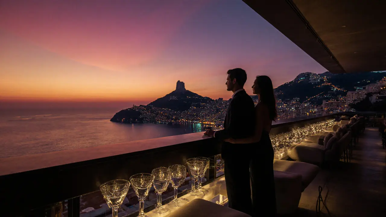 Paar schaut vom Rooftop der La Montgolfière über Monaco, Himmel in Gold‑ und Purpurfarben.