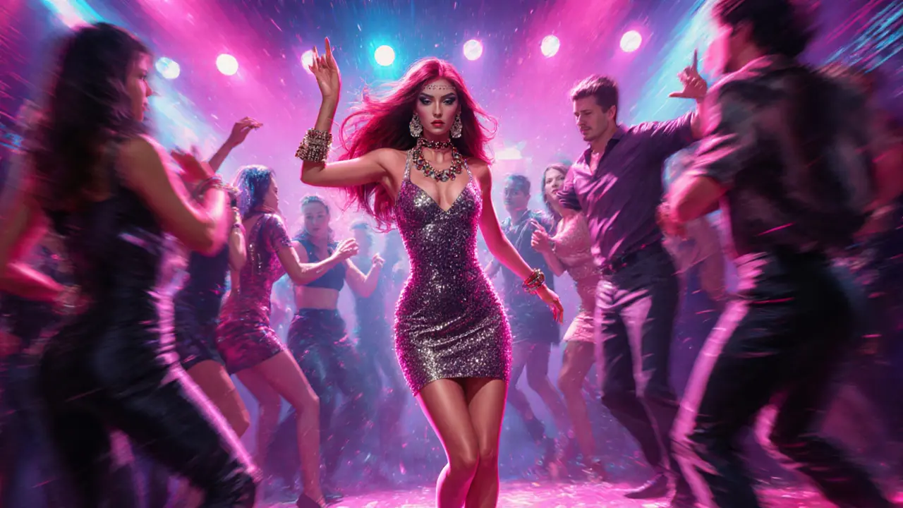 Party‑Escort tanzt in einem neonbeleuchteten Club in Mailand.