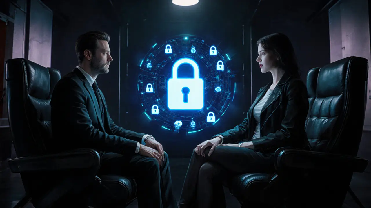 Personen in dunklem Lounge, holographische Verschlüsselungssymbole leuchten zwischen ihnen.