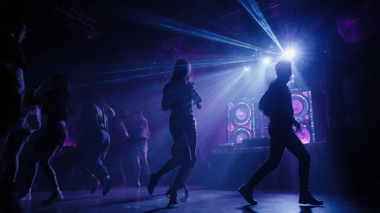 Tänzer in einem dunklen Club mit präziser Licht- und Soundkunst, keine Handys, nur Musik.