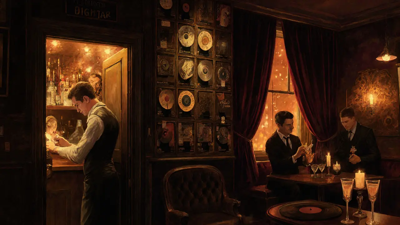 Versteckte Bar Nightjar mit Vintage-Telefonbuch, Cocktail und warmem Licht.