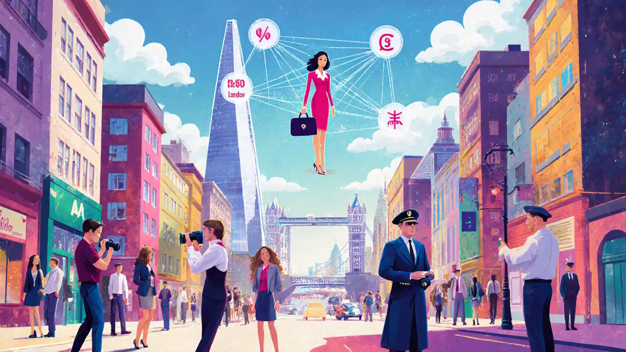 Vibrante Darstellung des Londoner Escort‑Ökosystems mit Fotograf, Stylist, Sicherheitskraft und zentraler Figur.