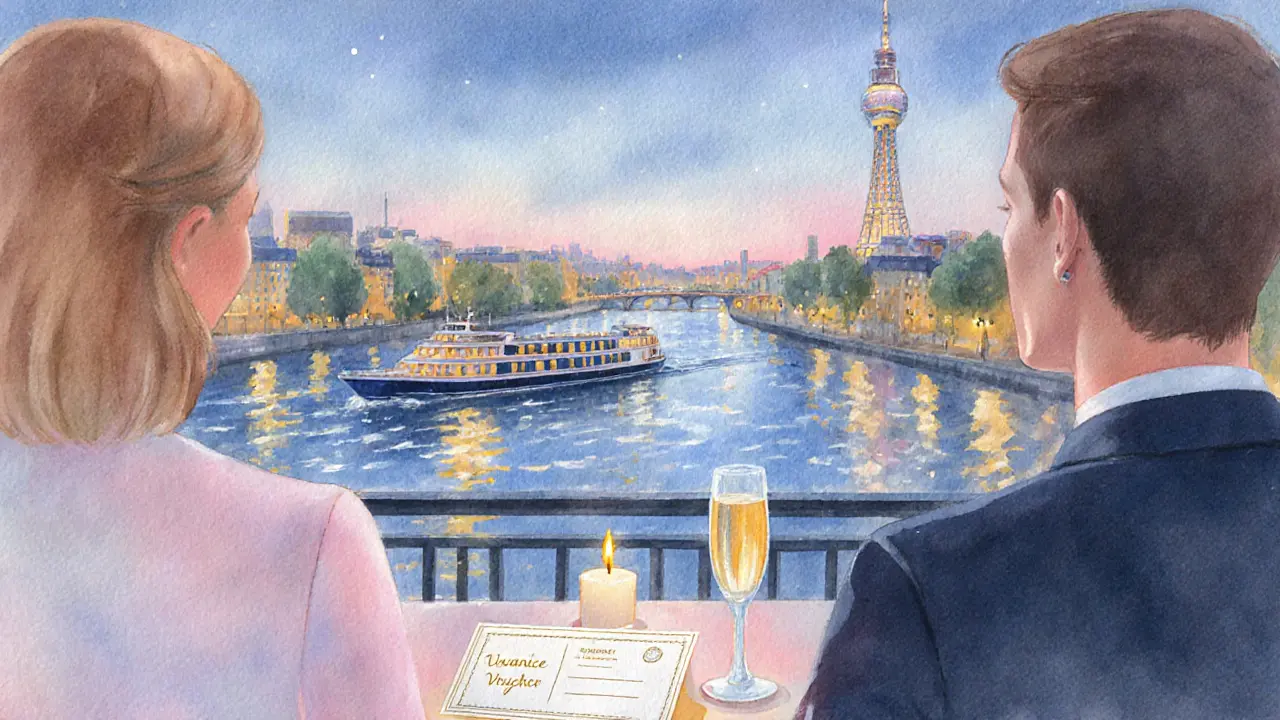 Wasserfarbillustration: Gutscheinvorderung bei einer nächtlichen Bootsfahrt auf der Spree.