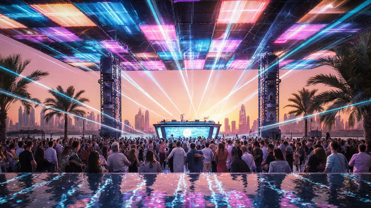 White Dubai Club‑Terrasse mit DJ, LED‑Lichtern und tanzender Menschenmenge.