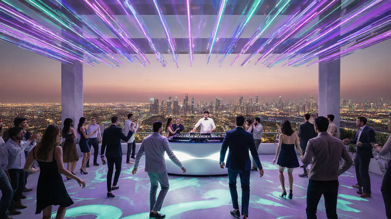White Dubai Rooftop Club mit pulsierenden Lichtern, tanzender Menge in Smart‑Casual Kleidung.