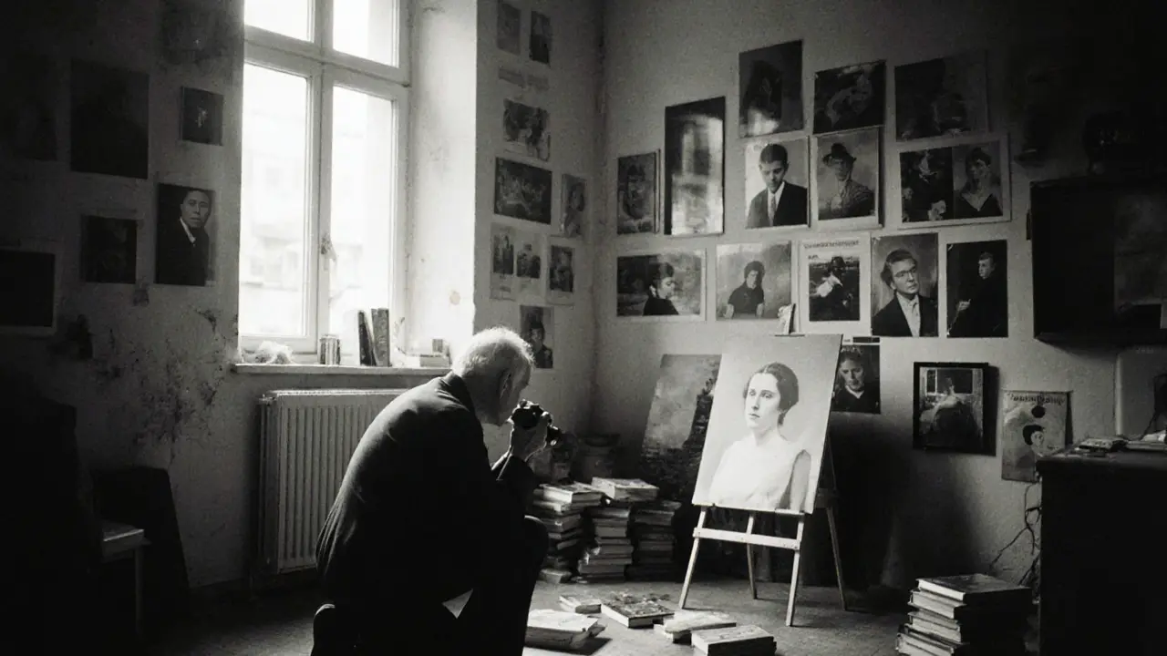 A woman photographing an elderly man in a 1990s Berlin loft, walls filled with black-and-white portraits.