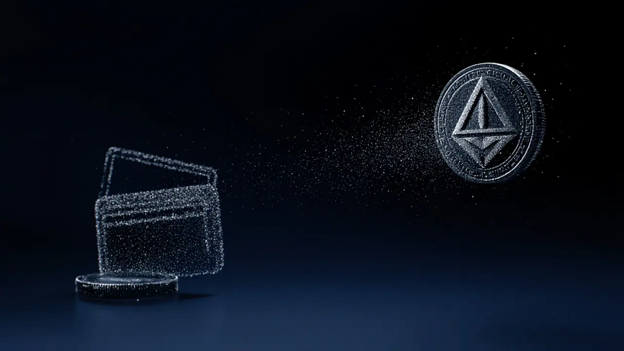 Abstrakte Darstellung einer Monero-Kryptowährungsüberweisung in dunklem, digitalen Raum.