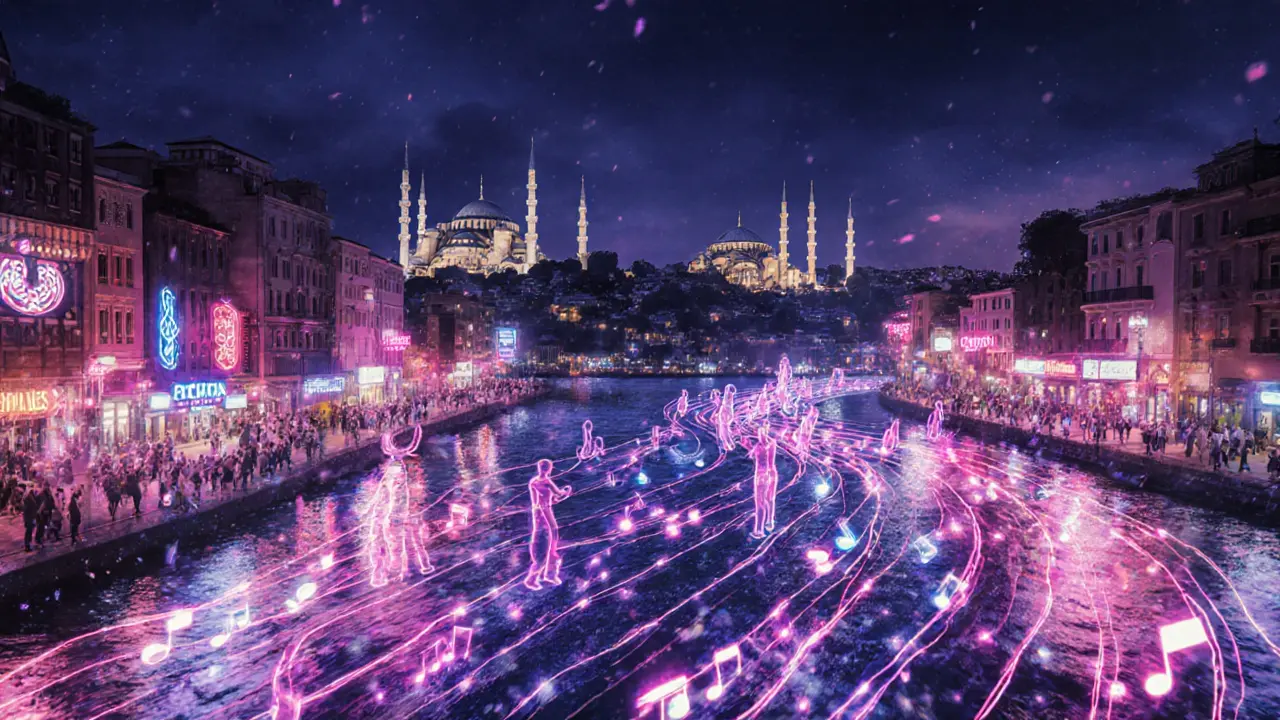 Abstrakte Darstellung von Istanbuls Nachtleben als fließendes Licht- und Klanggewitter entlang des Bosporus.