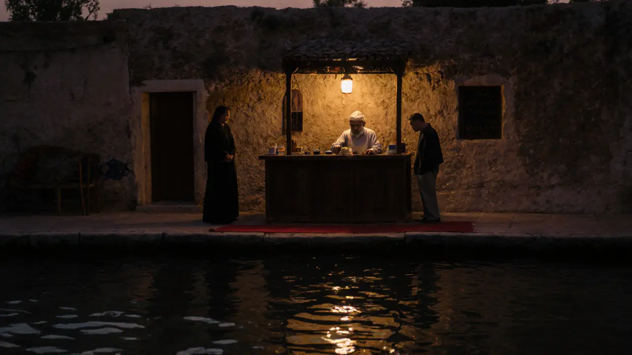 Alter Mann serviert Kaffee am Al Maqtaa-Kanal bei Nacht, nur Wasser und Holz sind zu sehen.