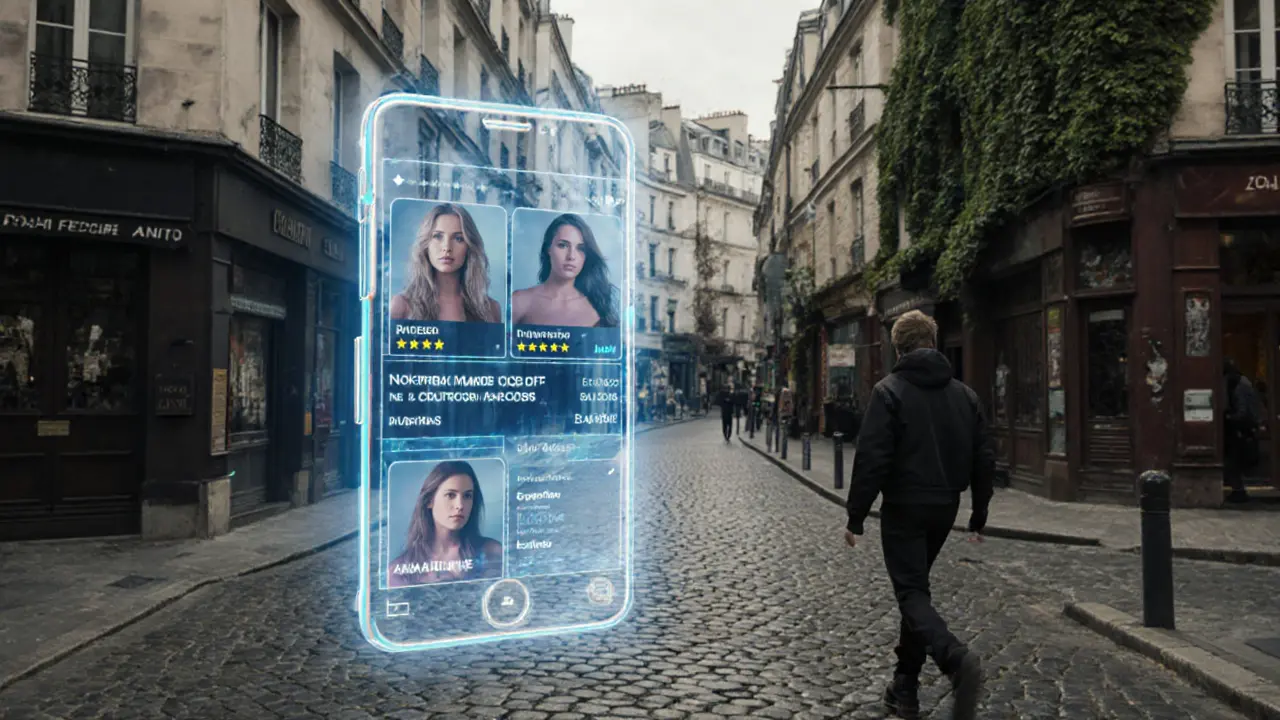 Augmented Reality-Anzeige von Escort-Profilen über den Straßen von Montmartre, dargestellt als holographische Überschicht.