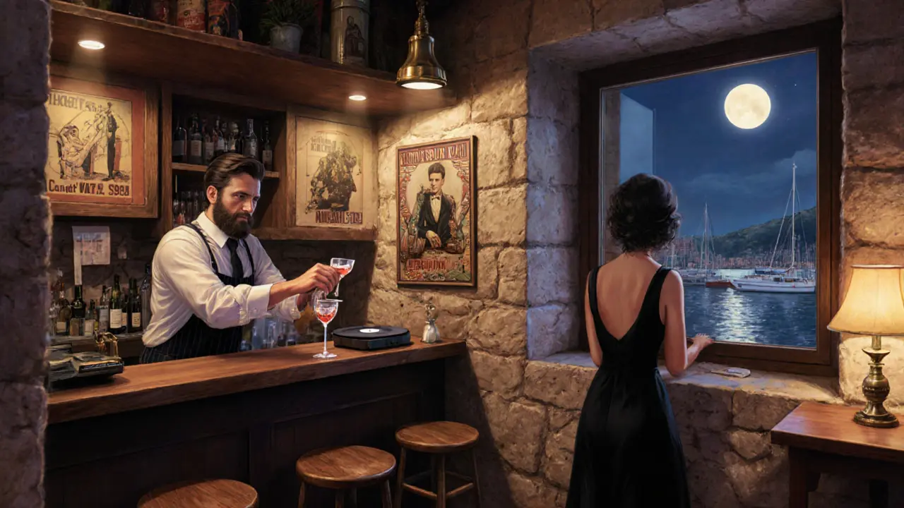 Die authentische Bar 1912 in Monacos Altstadt mit einem Bartender, der einen Aperitif ausschenkt und locals bei ruhiger Stimmung.