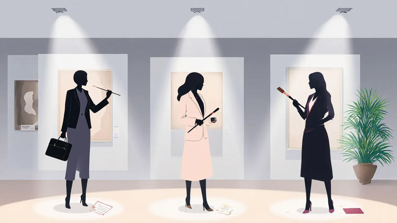 Drei professionelle Frauen repräsentieren verschiedene Escort-Agenturen in Dubai – in einer Galerie, einem Museum und einem Garten, stilisiert und diskret.