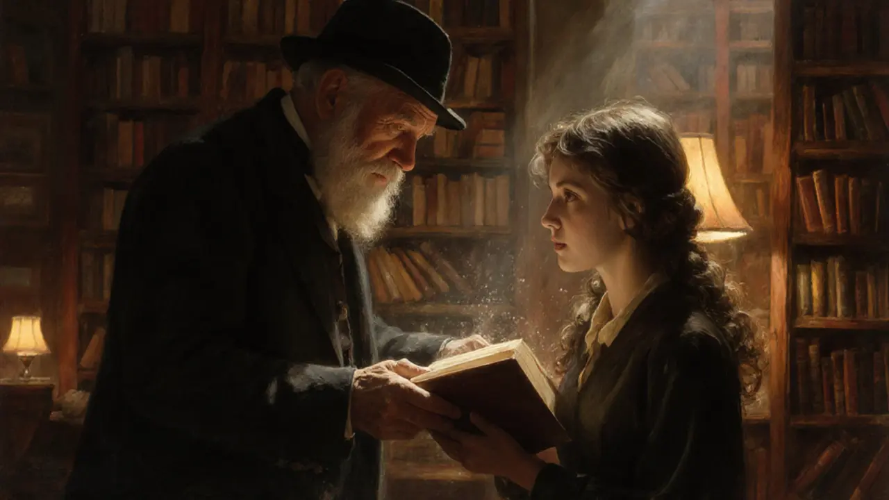 Ein älterer Mann gibt einer jungen Frau in einem Buchladen ein Buch, beide schweigen, umgeben von Regalen mit Klassikern.
