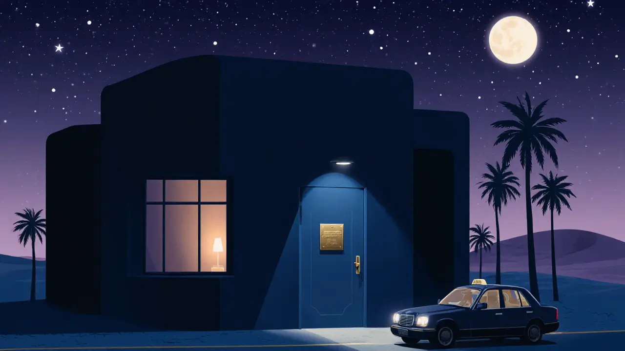 Ein diskretes, unbekanntes Gebäude in Abu Dhabi, nur durch ein sanftes Licht im Eingang sichtbar.