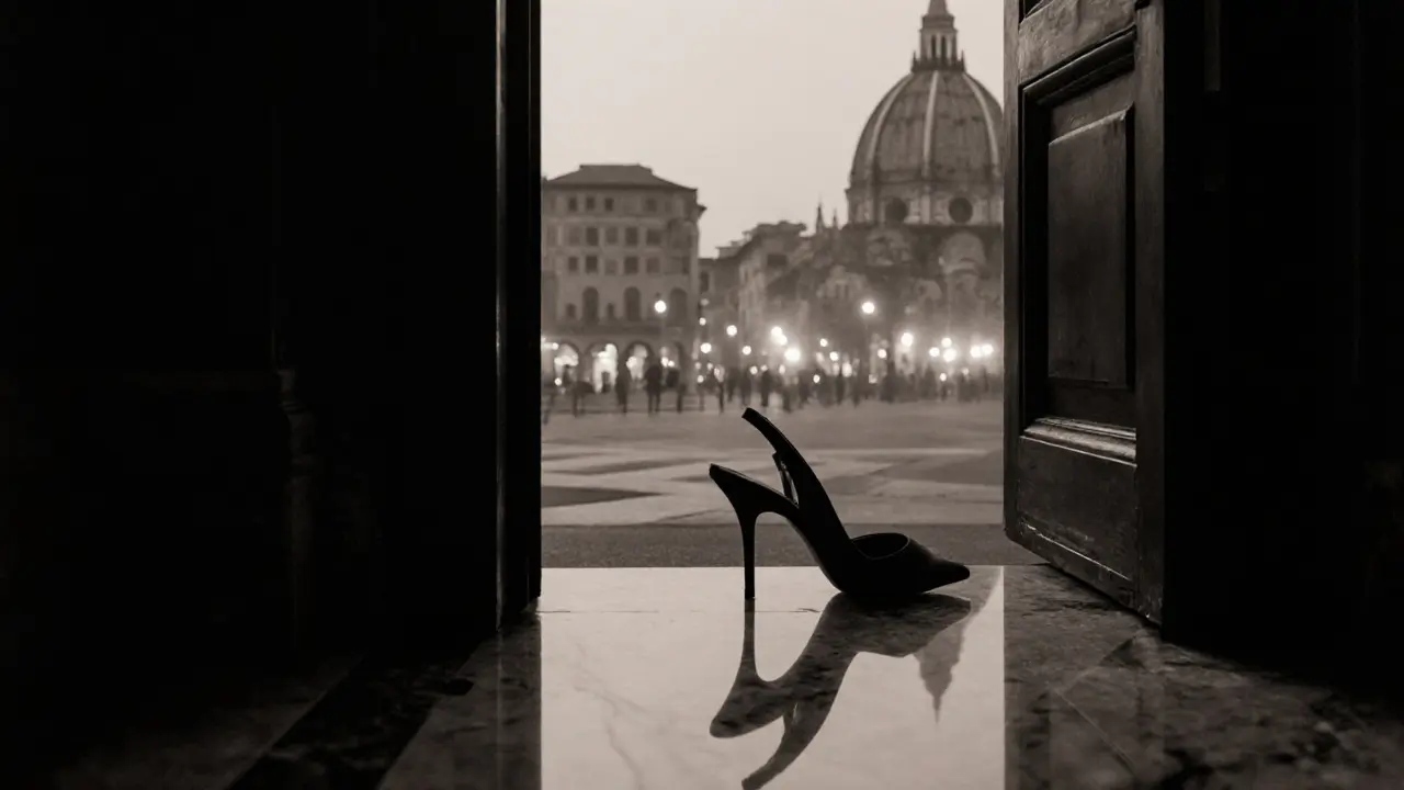 Ein einzelner Hochschuh neben einer geöffneten Tür, die Stadt im Hintergrund verschwimmt in Nebel.