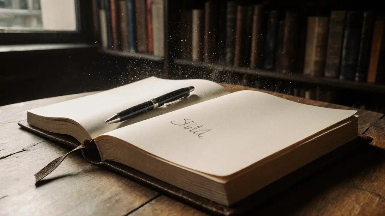 Ein gebundenes, leeres Tagebuch liegt offen auf einem Holztisch in einem antiken Buchladen in Saint-Germain-des-Prés.