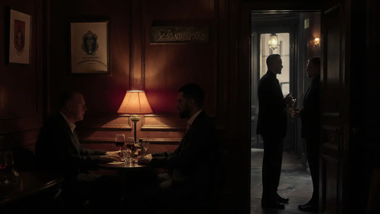 Ein intim dunkler Club mit Jazzpianist und Gästen bei Kerzenlicht, keine Werbung, nur Stille.