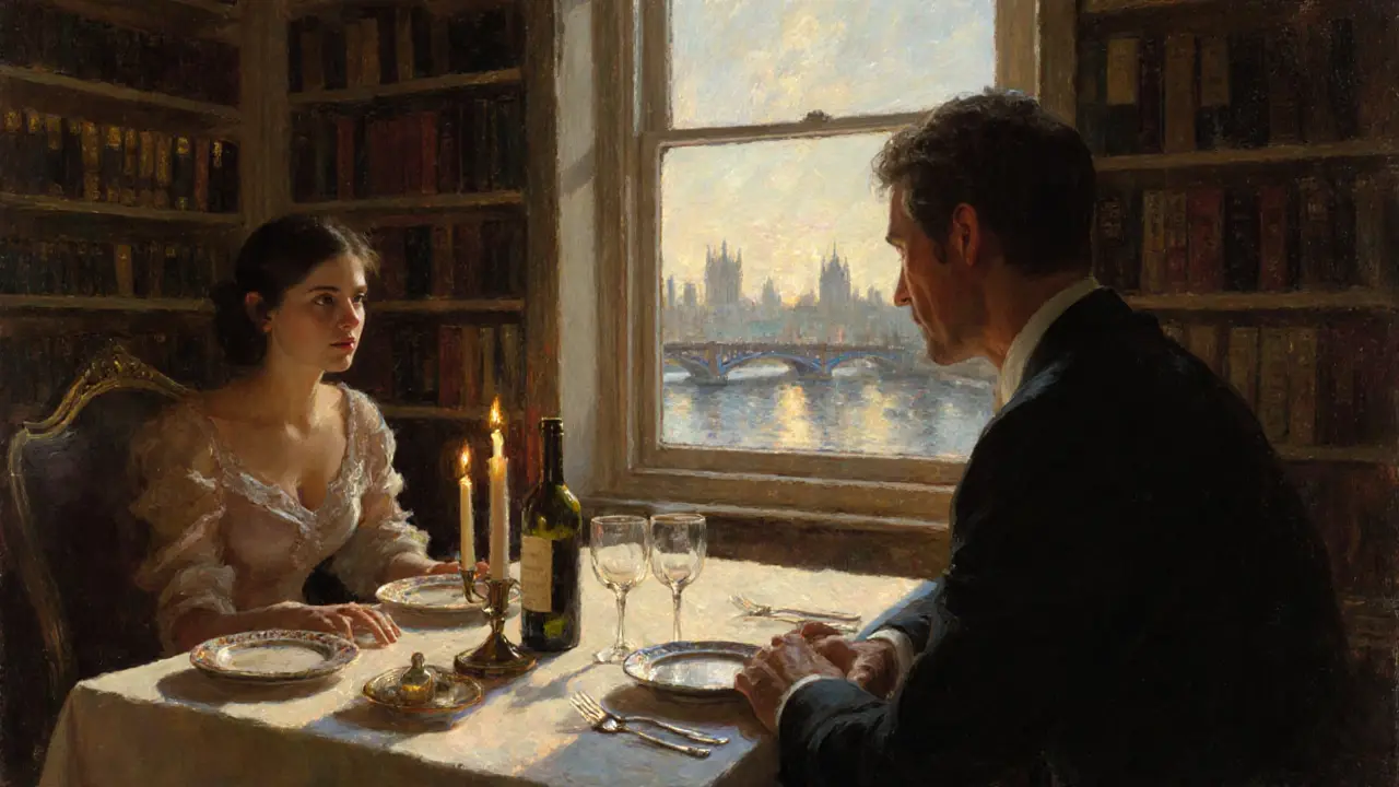 Ein intimes Abendessen in einem luxuriösen Londoner Herrenhaus mit Kerzenlicht, antiken Bücherregalen und einem Blick auf die Themse.