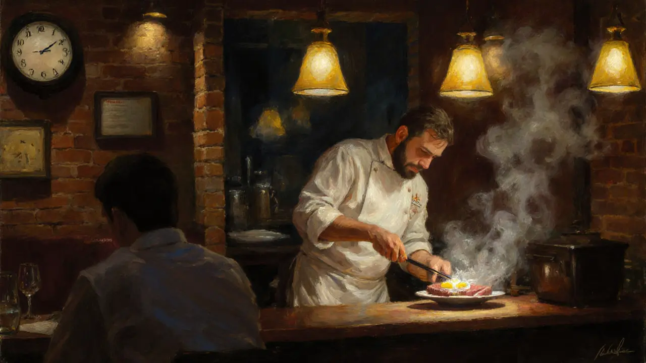 Ein Koch in einer Nacht-Küche in Paris, der ein Steak brät, während Butter auf dem Teller schmilzt und Dampf aufsteigt.
