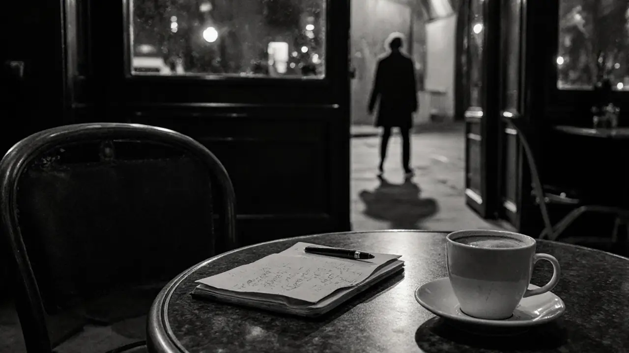 Ein leerer Tisch in einer Parisier Kaffeebar, ein offenes Notizbuch und eine Tasse Kaffee warten in stiller Stimmung.