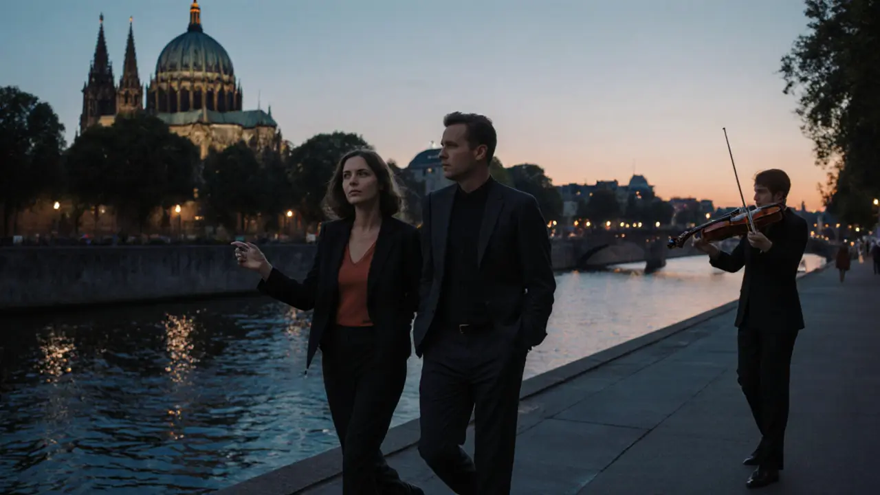 Ein Mann und eine Frau spazieren gemeinsam am Spreeufer bei Dämmerung, ohne körperlichen Kontakt.