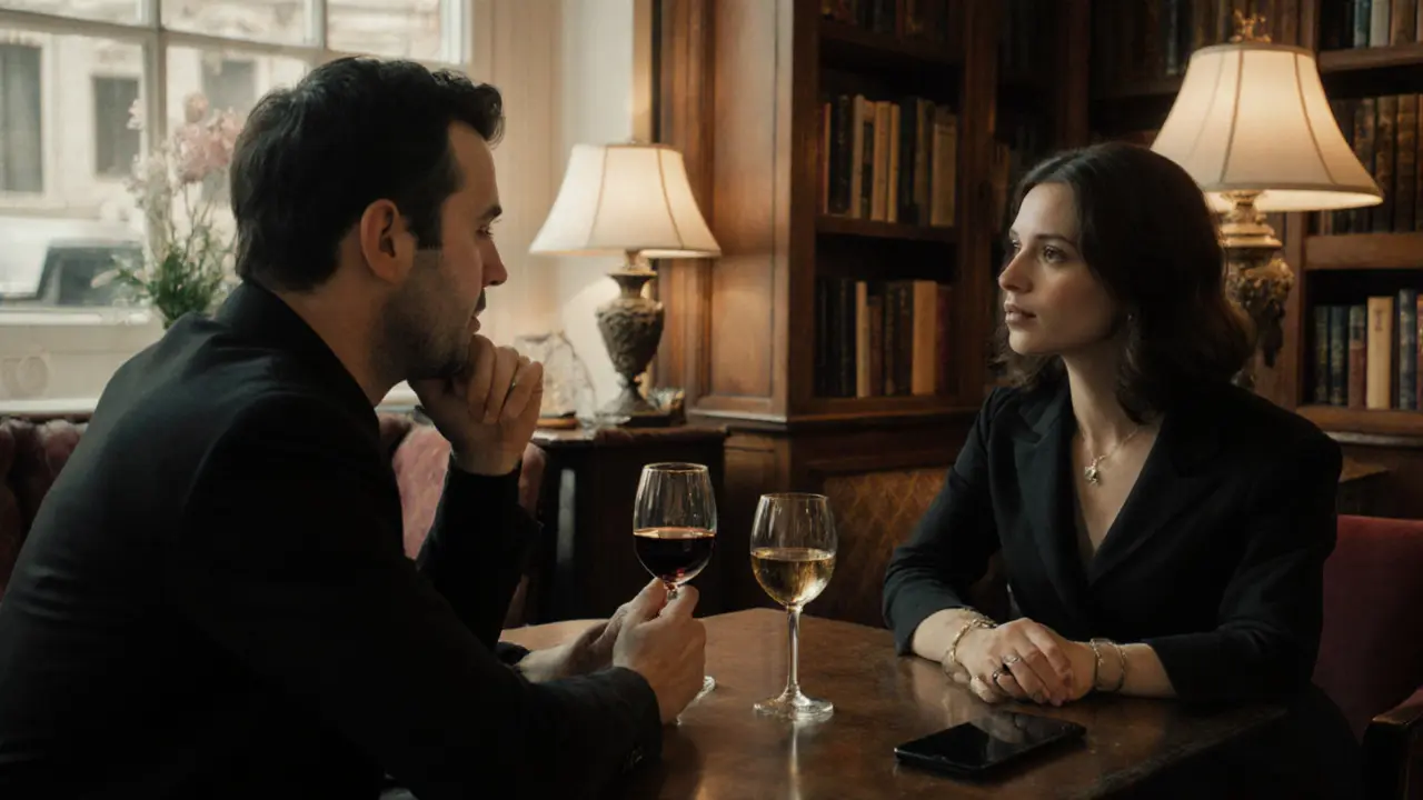 Ein Mann und eine Frau unterhalten sich ruhig in einem eleganten Wohnzimmer, ohne Übergriffe oder Ablenkungen.